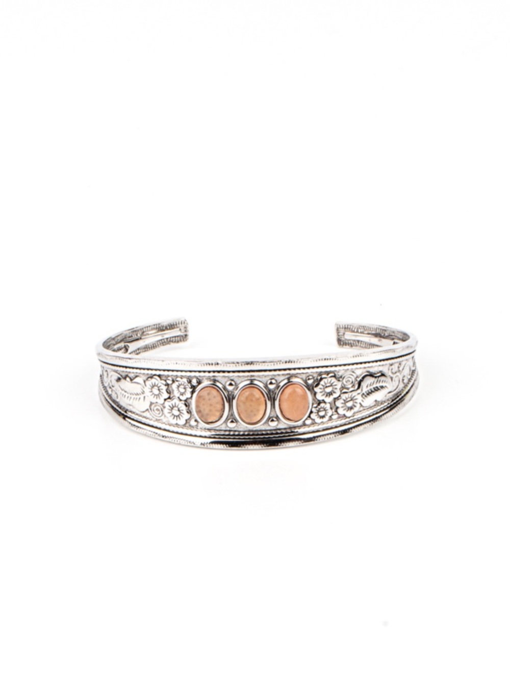B-02 Sterling Silver Floral Cuff Bracelet with Peach Stone Accents
